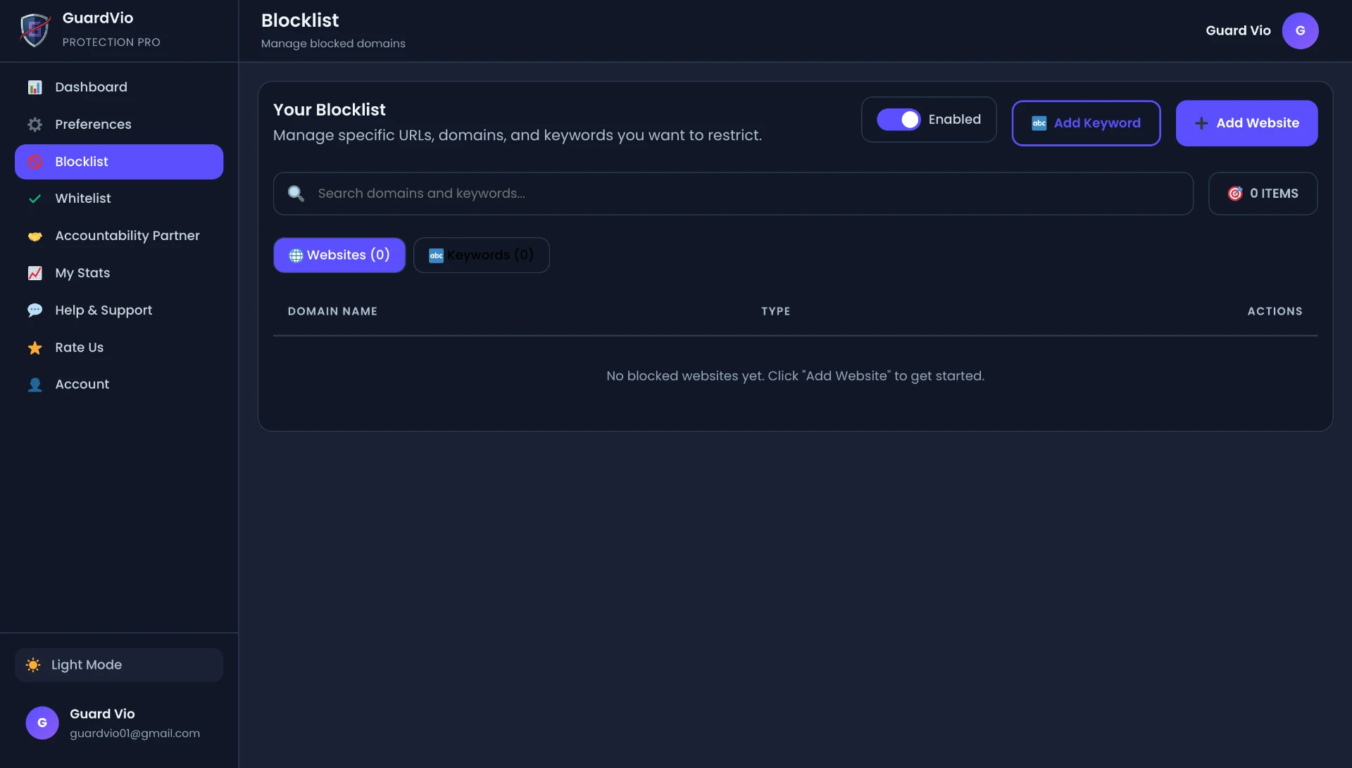 Your rules, your list — Guardvio screenshot
